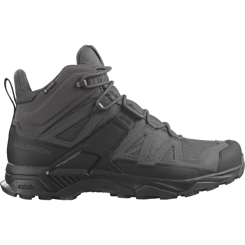 Product shot of the Salomon FORCES X Ultra Mid in Wolf Grey showing the lightweight tactical boot with Advanced Chassis stability, non reflective materials, and All Terrain Contagrip traction built for military operations, law enforcement duty, mountain trekking, and rugged outdoor missions.