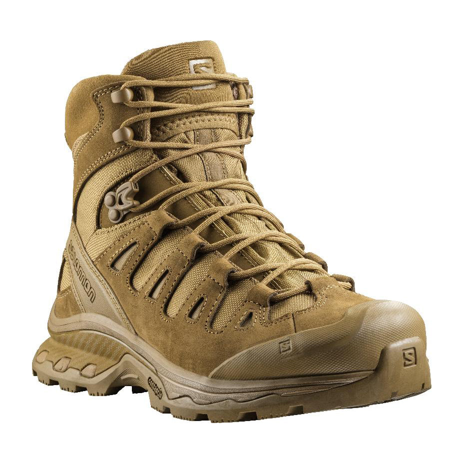 Front angled view of the Salomon Quest 4D Forces 2 Boot in Coyote Brown designed for military and tactical field operations.