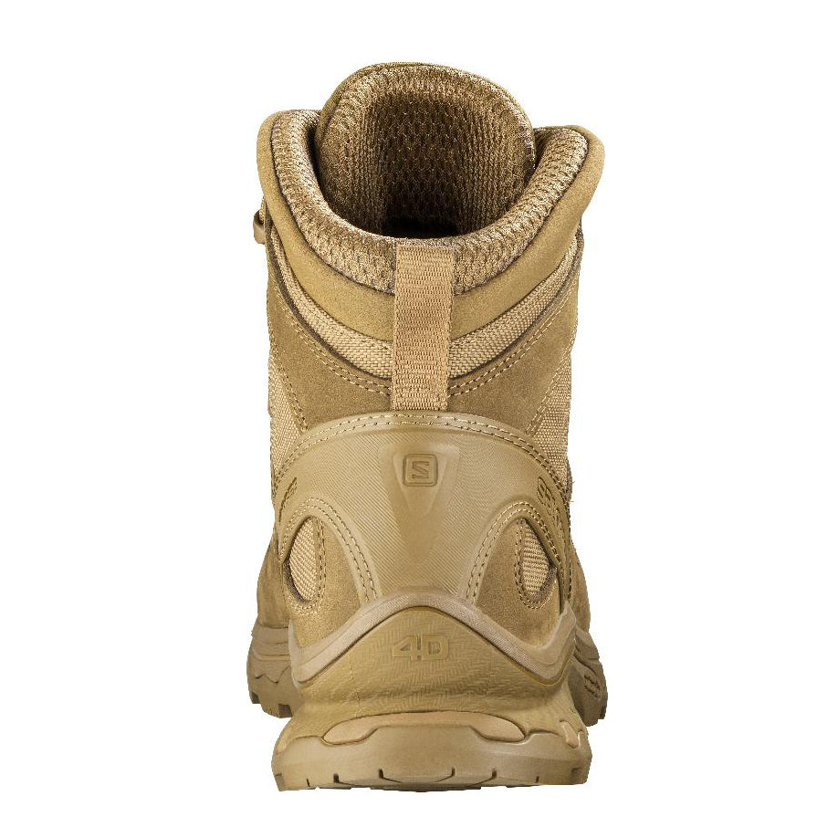 Rear view of the Salomon Quest 4D Forces 2 Boot in Coyote Brown showing ankle support, heel reinforcement, and load-bearing stability.