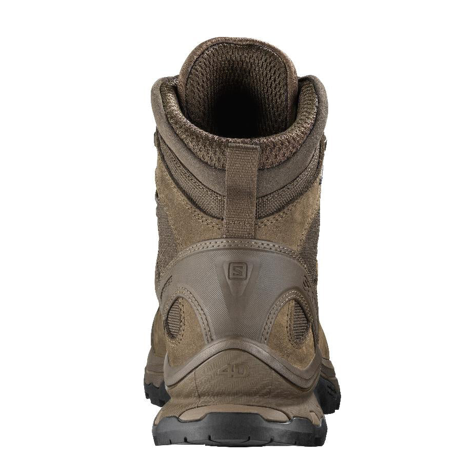 Rear view of the Ranger Brown Salomon Quest 4D Forces 2 Boot highlighting the supportive heel counter and high-cut design.
