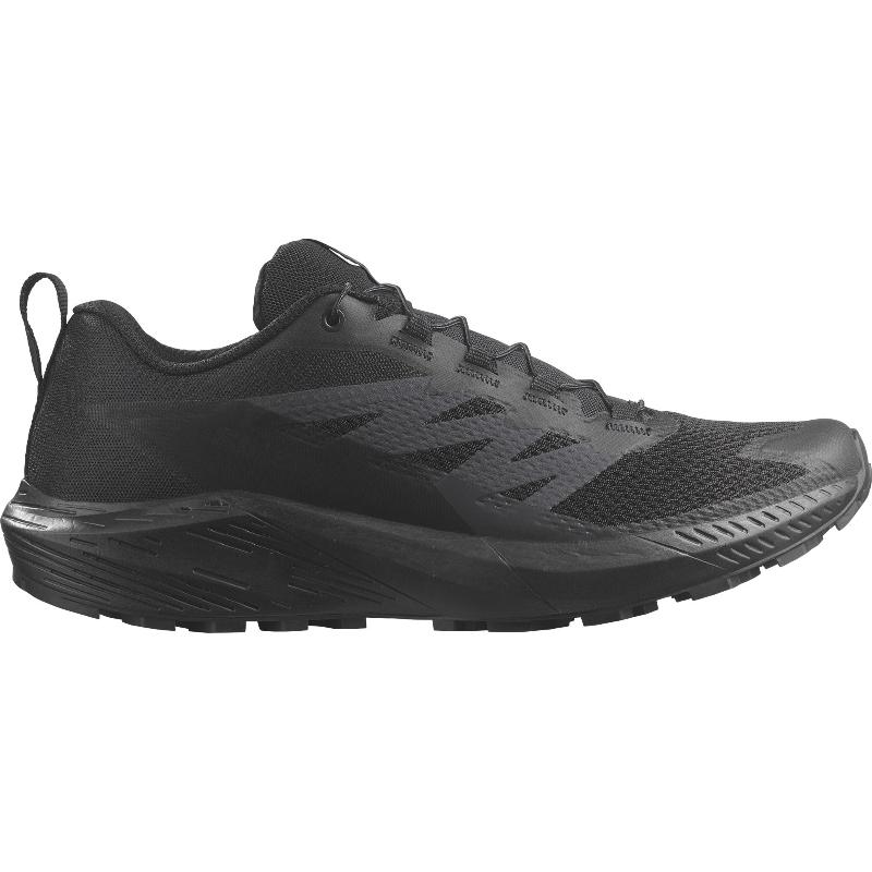 Product shot of the Salomon Trail Running Shoe in Black, a lightweight tactical trail runner built for law enforcement, EMS, and fast-moving operators. Features Quicklace® system, SensiFit™ lockdown fit, and ASTM F3445 slip-resistant rubber outsole. Ideal for mixed-terrain missions, trail running, and professional duty work. Durable, breathable, and built to perform.