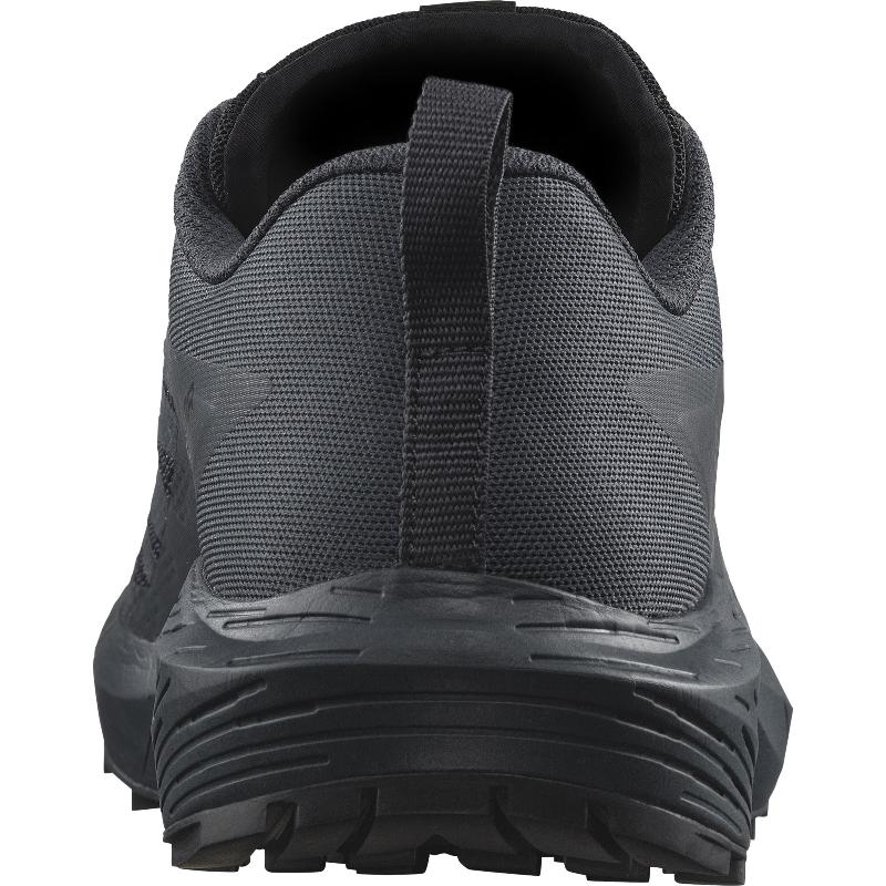 Back heel view of the Salomon Trail Running Shoe in India Ink (Navy Blue) showcasing the reinforced heel structure, padded collar, and stable midsole platform. Designed for tactical operators, law enforcement, and first responders who need slip-resistant, all-terrain performance. Lightweight trail-to-duty running shoe built for speed, comfort, and dependable traction in demanding environments.