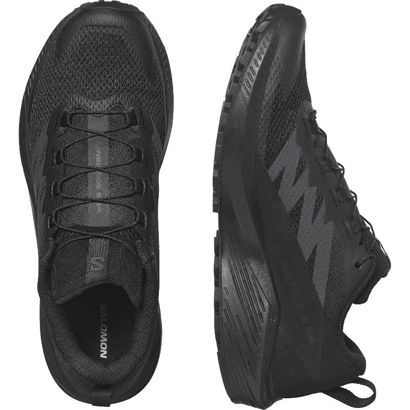 Pair of Salomon Trail Running Shoes in Black showing the sleek, low-profile tactical design and rugged slip-resistant outsole. Built for trail running, patrol, and all-day duty comfort with Quicklace® system, breathable mesh upper, and durable rubber traction. Ideal for law enforcement, EMS, and fast-moving professionals who need reliable hybrid trail-to-duty shoes.