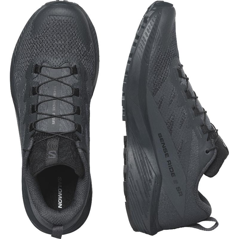 Pair of Salomon Trail Running Shoes in India Ink (Dark Blue) showing the lightweight tactical design and slip-resistant rubber outsole. Built for law enforcement, EMS, and active professionals who move fast across mixed terrain. Features Quicklace® system, breathable mesh upper, and SensiFit™ structure for secure all-day comfort. The ideal trail-to-duty hybrid shoe for performance-driven operators.