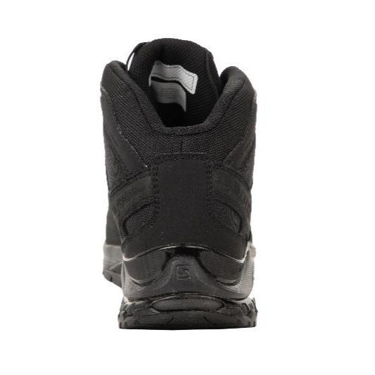 Back view of Salomon XA FORCES MID Black tactical boots | Lightweight military footwear with Quicklace system stable mid height chassis and rugged outsole - one of the best all terrain boots for law enforcement and military operators