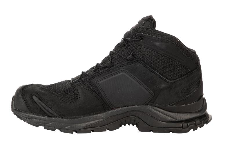 Inside side view of Salomon XA FORCES MID Black tactical boots | Lightweight military and law enforcement footwear with Quicklace system reinforced mid height chassis and rugged outsole designed for all terrain tactical performance