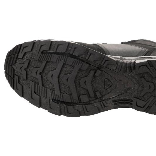 Sole view of Salomon XA FORCES MID Black tactical boots | Lightweight military footwear with rugged rubber outsole and aggressive tread pattern built for maximum traction on all terrain tactical operations