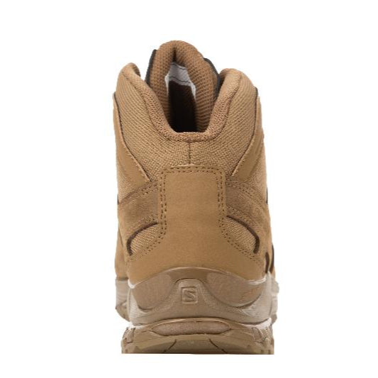 Back and heel view of Salomon XA FORCES MID Coyote tactical boots | Lightweight desert military footwear with reinforced heel support Quicklace lacing and rugged outsole designed for law enforcement and military operators in all terrain conditions