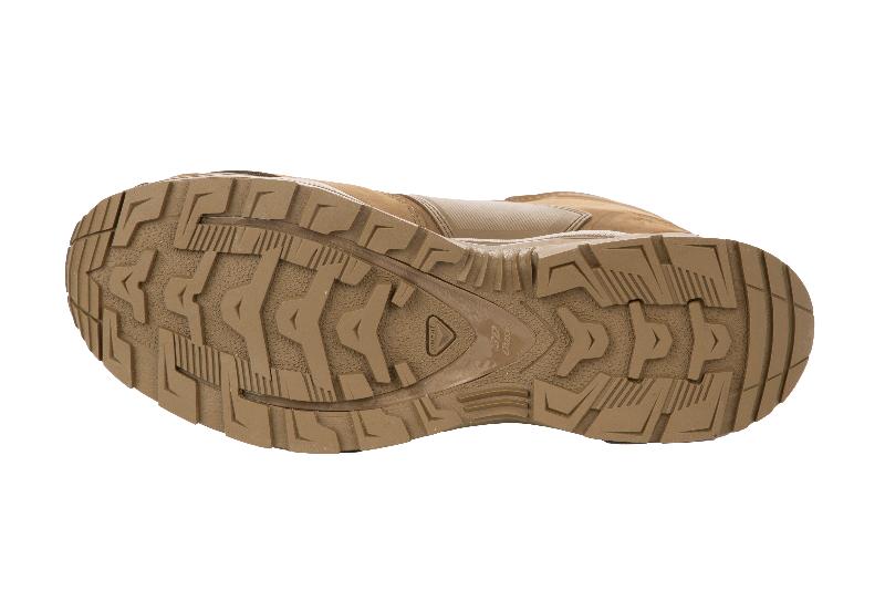 Sole tread view of Salomon XA FORCES MID Coyote tactical boots | Lightweight desert combat footwear with rugged rubber outsole aggressive traction pattern and Quicklace system built for military and law enforcement operators in all terrain missions