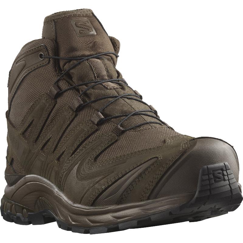 3/4 front view of Salomon XA FORCES MID Earth Brown tactical boots | Best lightweight military combat boots with Quicklace system reinforced mid chassis and rugged all terrain traction outsole designed for law enforcement patrol and tactical operations