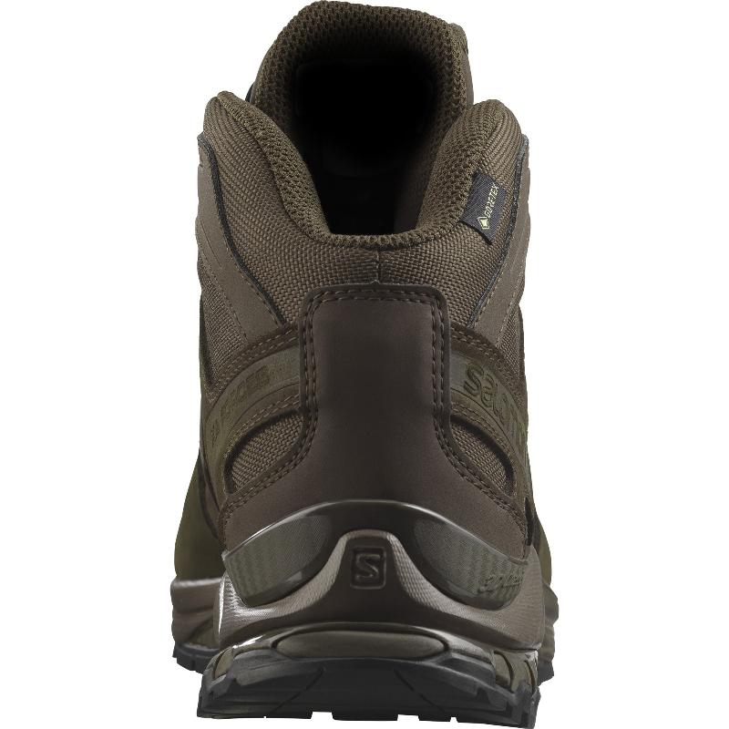 Back and heel view of Salomon XA FORCES MID Earth Brown tactical boots | Lightweight military and law enforcement footwear with reinforced heel Quicklace system and rugged all terrain outsole designed for durability stability and speed in combat environments