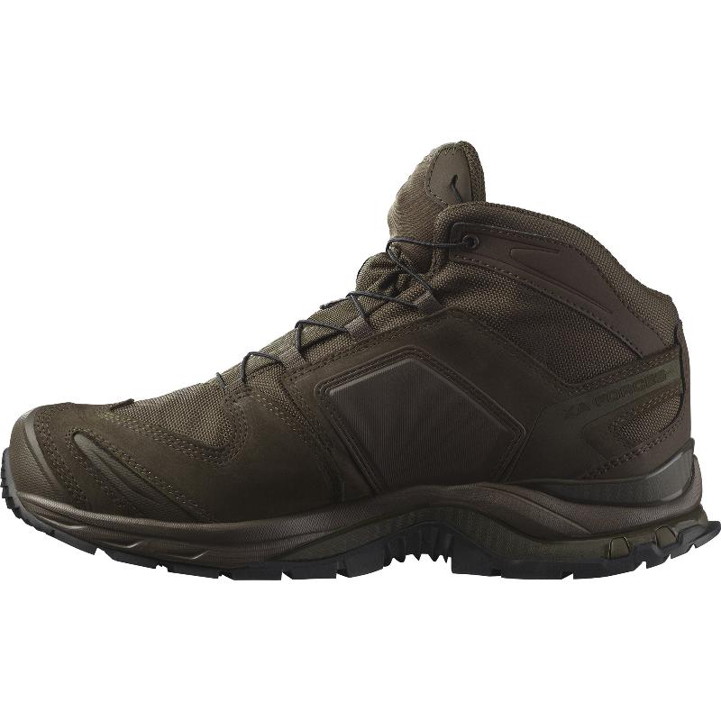Inside side view of Salomon XA FORCES MID Earth Brown tactical boots | Lightweight combat footwear with Quicklace lacing system reinforced mid chassis and rugged rubber outsole built for military and law enforcement operators in all terrain environments