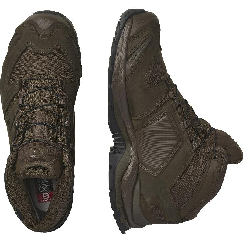 Pair of Salomon XA FORCES MID Earth Brown tactical boots shown together | Best lightweight combat boots for military and law enforcement with Quicklace system reinforced chassis and rugged all terrain outsole for speed durability and stability