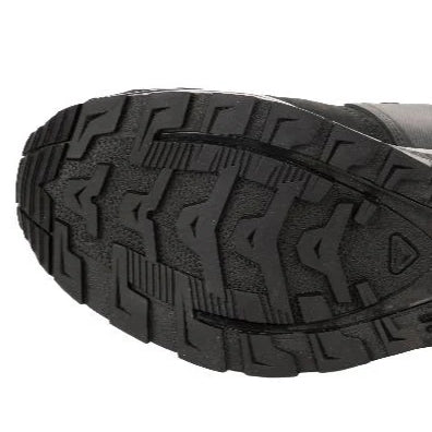 Bottom view of the Black Salomon XA Forces Mid featuring an aggressive traction pattern for mixed terrain performance.