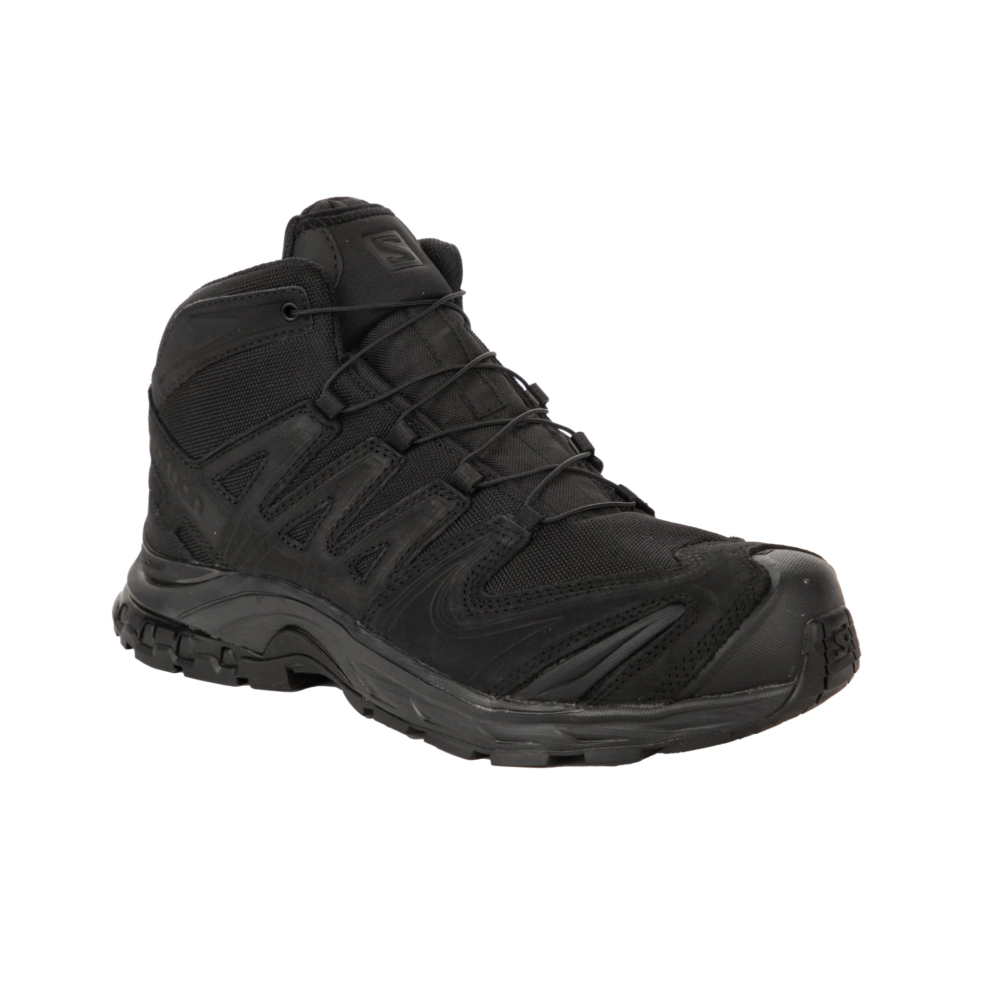 Three-quarter view of the Black Salomon XA Forces Mid boot featuring durable materials, ankle support, and lightweight tactical performance.