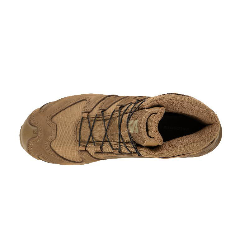 Top view of the Salomon XA Forces Mid in Coyote Brown showcasing the athletic fit and streamlined tactical design.