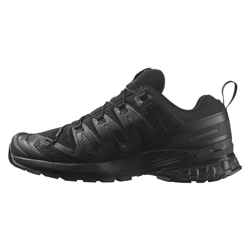 Inside medial view of Salomon XA Pro Forces Black tactical trail shoe highlighting SensiFit construction and supportive chassis design