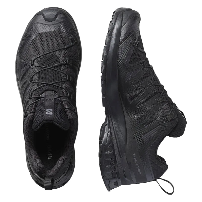 Pair of Salomon XA Pro Forces Black tactical trail running shoes shown from elevated side angle highlighting wide fit design and Quicklace system
