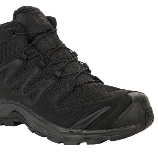 Front angled view of the Black Salomon XA Forces Mid highlighting the Quicklace system and protective tactical boot construction.