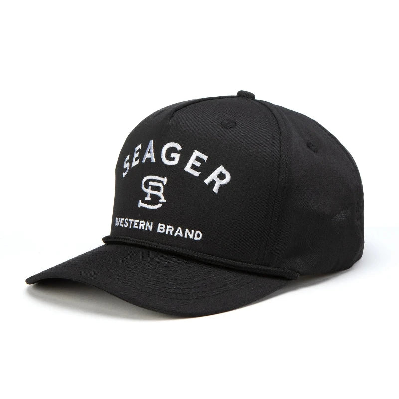 High-profile Seager snapback hat in black with classic embroidered branded logo and cotton-poly blend for durability.