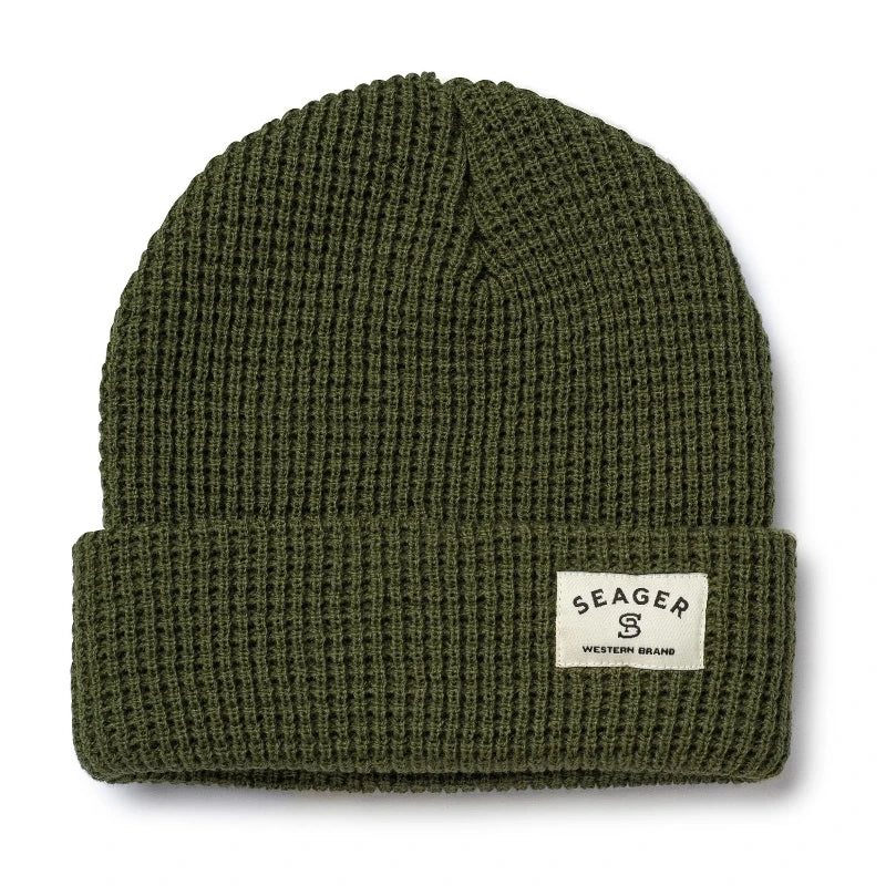 Army Green Seager Service Waffle Knit 2.0 Beanie shown in a clean product shot, highlighting its heavyweight acrylic wool construction, waffle-knit warmth, and classic Seager label. Ideal for searches related to cold weather beanies, USA-made winter hats, and durable outdoor headwear.