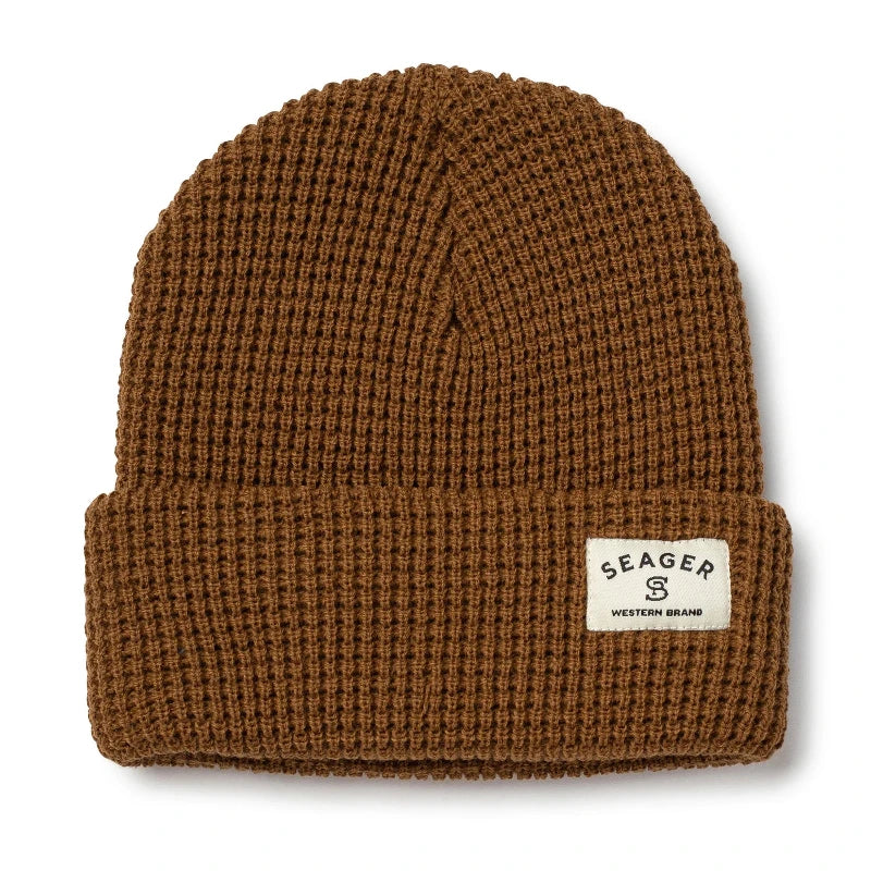 Brown Seager Service Waffle Knit 2.0 Beanie displayed in a clean product shot, highlighting its heavyweight acrylic wool build, textured waffle-knit design, and classic Seager brand label. SEO optimized for searches for brown winter beanies, rugged outdoor cold weather hats, and USA-made knit caps.
