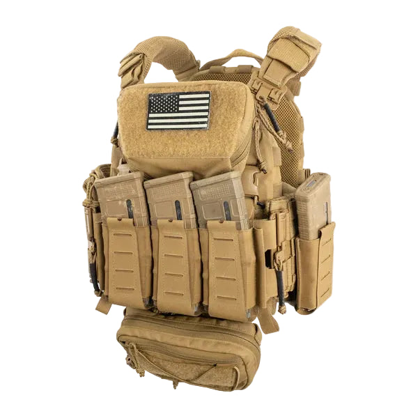 Shaw Concepts ARC Admin Pouch worn on a plate carrier by an operator, showing low profile tactical admin and EUD pouch integrated into a combat loadout for document storage, comms tools, and mission essential accessories without blocking rifle magazine access