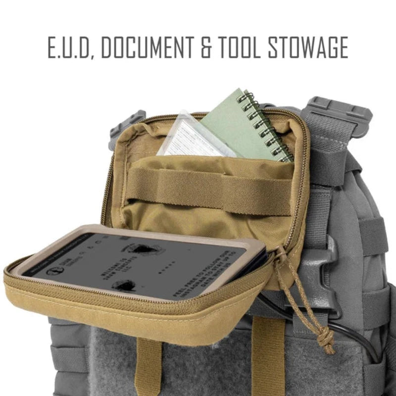 Shaw Concepts ARC Admin Pouch shown open with EUD device, documents, and tools organized inside, highlighting internal elastic retention loops, flat map pocket, and loop field for secure electronic device mounting on a tactical plate carrier setup