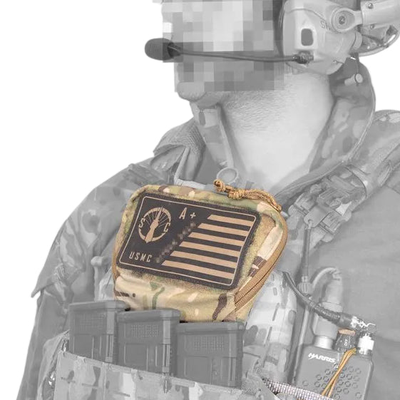 Shaw Concepts ARC Admin Pouch highlighted on a plate carrier product image, emphasizing low profile tapered tactical admin and EUD pouch placement, MOLLE PALS compatibility, and streamlined integration with magazines and duty gear