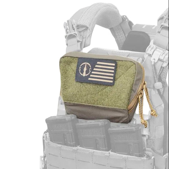 Shaw Concepts ARC Admin Pouch installed on a plate carrier using MOLLE PALS webbing, showing low profile tapered tactical admin and EUD pouch integrated into a streamlined combat loadout for document, tool, and device organization