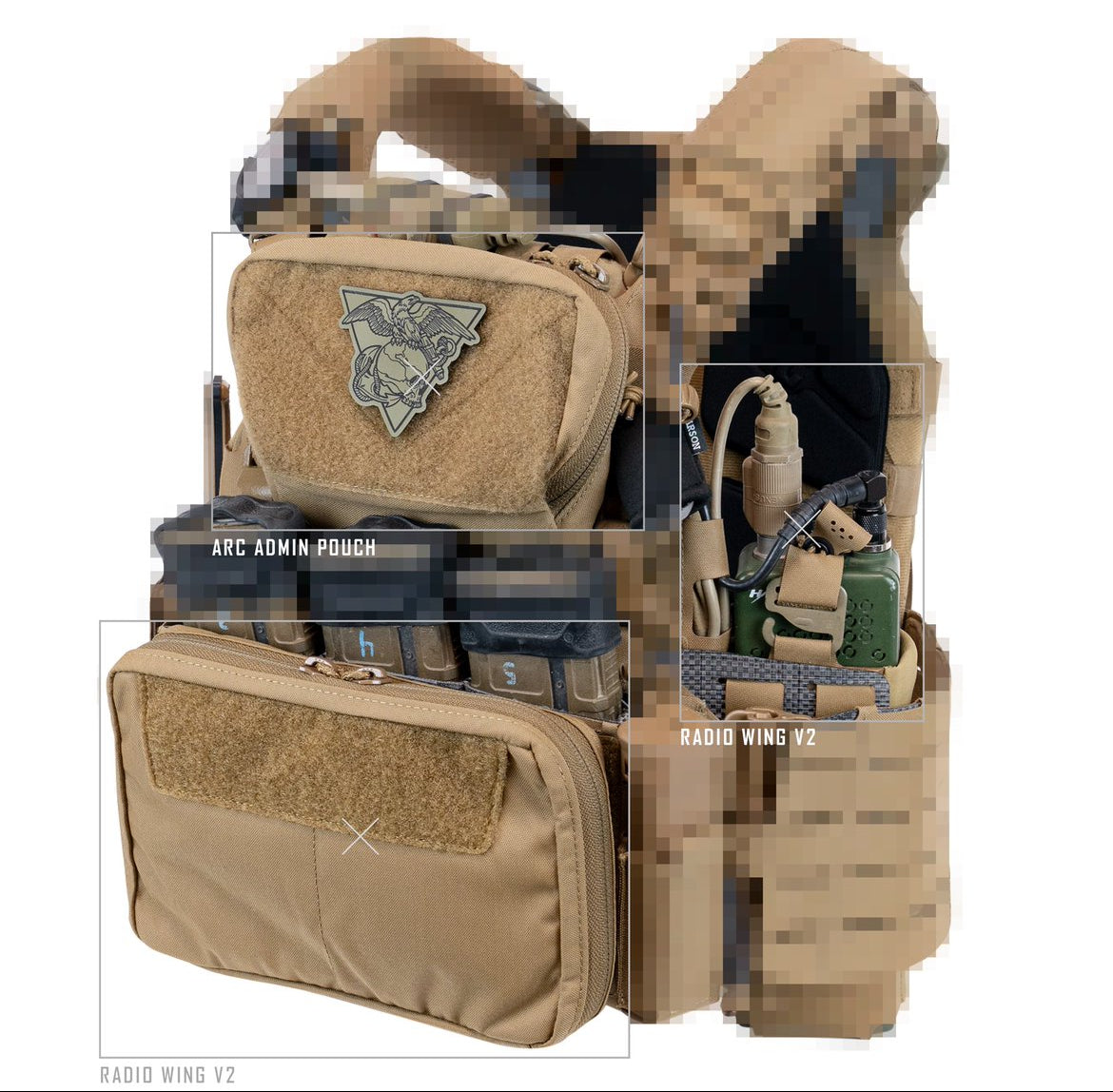 Shaw Concepts ARC Admin Pouch mounted alongside magazines, radio pouch, and other accessories on a plate carrier, showing low profile tactical admin and EUD storage integrated into a complete combat and duty gear setup without blocking primary equipment access