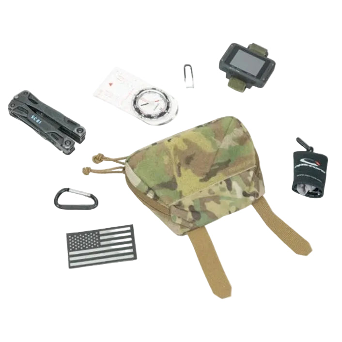 Shaw Concepts ARC Admin Pouch shown open with tactical accessories inside including phone sized EUD, map, multitool, cables, and markers, highlighting internal elastic retention, loop panel mounting, and low profile admin storage for plate carrier loadouts