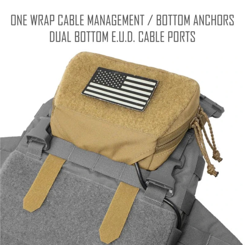 Shaw Concepts ARC Admin Pouch mounted on the upper MOLLE panel of a plate carrier, showing low profile tapered admin and EUD pouch integrated into a tactical loadout without blocking rifle magazine access or comms gear