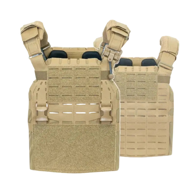 Shaw Concepts ARC Carrier V2 Base in Coyote modular plate carrier platform without cummerbund, adjustable Spider System armor chassis with StratusFit foam padding and placard compatible front panel built for military combat gear, field loadouts, and law enforcement duty armor setups made in the USA