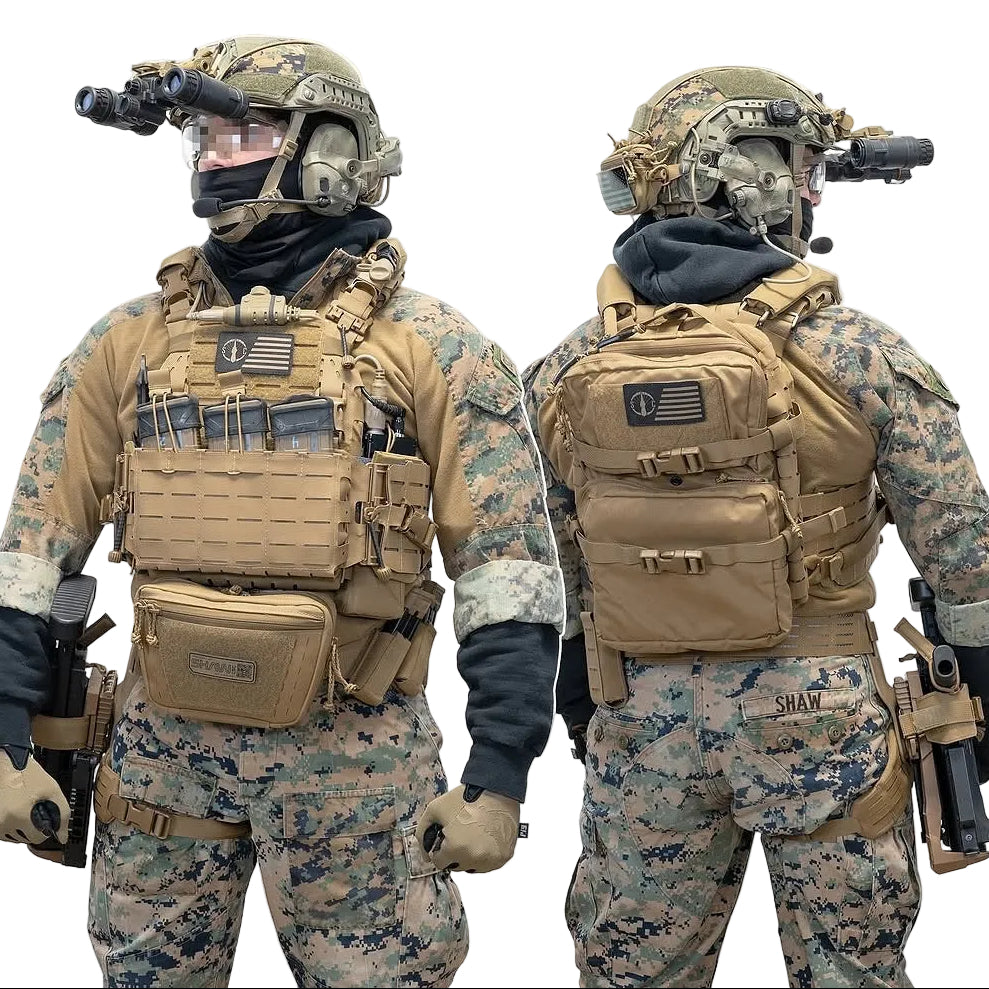 Shaw Concepts ARC Carrier V2 Base worn fully kitted on operator with placard and cummerbund attached, modular plate carrier platform with Spider System adjustment and StratusFit padding built for military combat gear, law enforcement duty armor setups, and mission ready tactical operations made in the USA