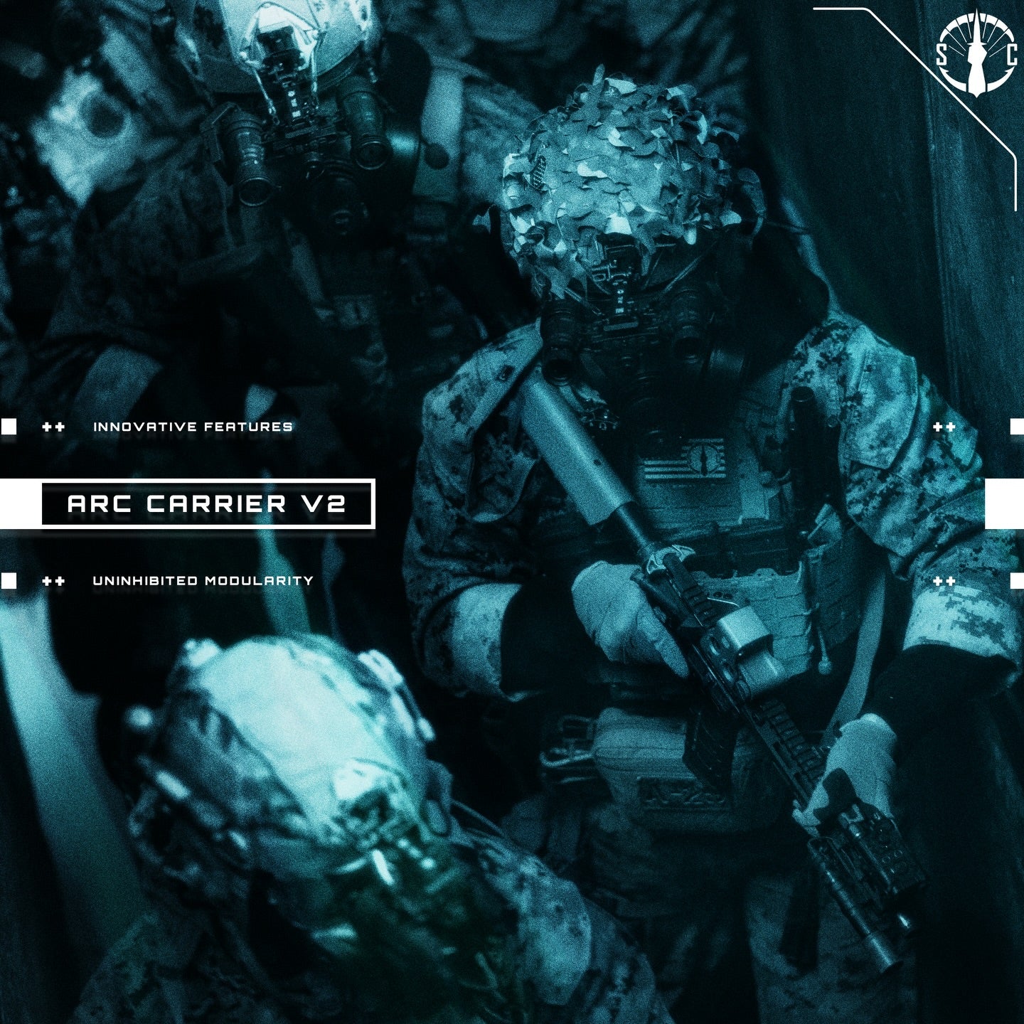 Shaw Concepts ARC Carrier V2 Base modular plate carrier advertisement highlighting scalable chassis design, customizable cummerbund compatibility, Spider System plate adjustment, and mission driven combat gear platform for military and law enforcement duty setups made in the USA