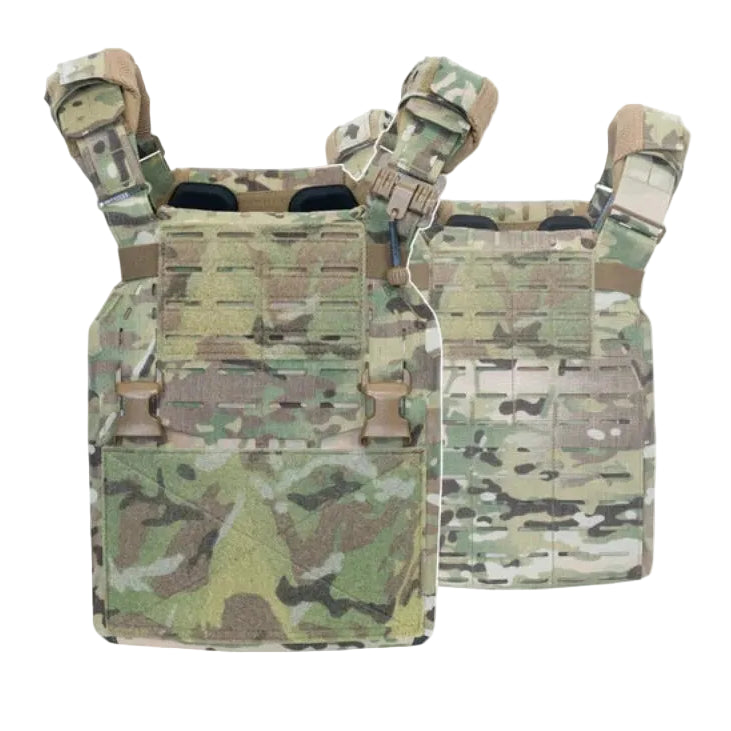 Shaw Concepts ARC Carrier V2 Base in Multicam modular plate carrier platform without cummerbund, adjustable Spider System chassis with StratusFit padding and placard compatible front panel built for military combat gear, overt tactical loadouts, and law enforcement duty armor setups made in the USA