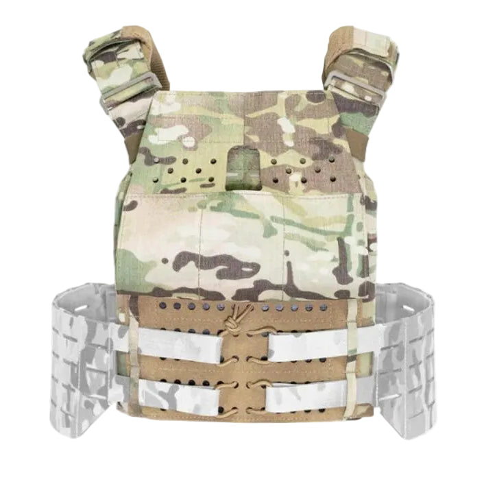 Shaw Concepts ARC Carrier V2 Base shown configured with cummerbund attached, modular plate carrier platform with Spider System plate adjustment, StratusFit padding, and scalable MOLLE load bearing setup for combat gear, military armor systems, and law enforcement duty rigs made in the USA