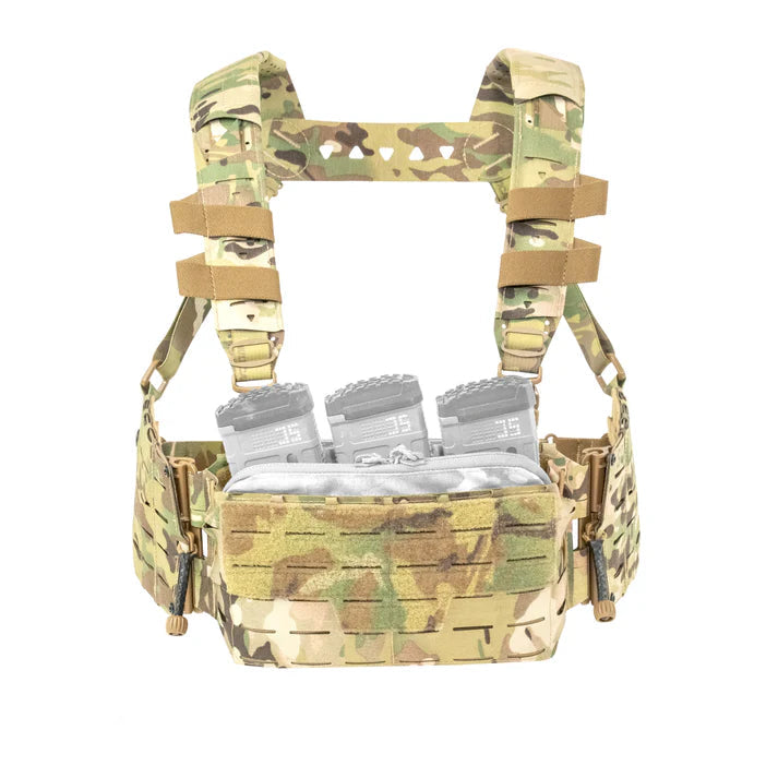 Shaw Concepts ARC Chest Rig Kit V2 in Multicam configured with an ARC Placard, featuring the S-LOK harness, First Spear Tube integration, and modular chest rig platform.