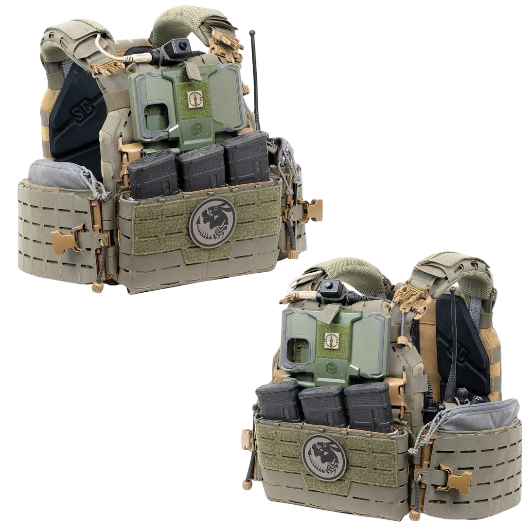 Shaw Concepts ARC Cummerbund V2 installed on fully kitted plate carrier with mounted pouches and gear, Tegris reinforced quick release cummerbund with First Spear Tubes hardware built for combat gear, military armor systems, and law enforcement duty loadouts made in the USA