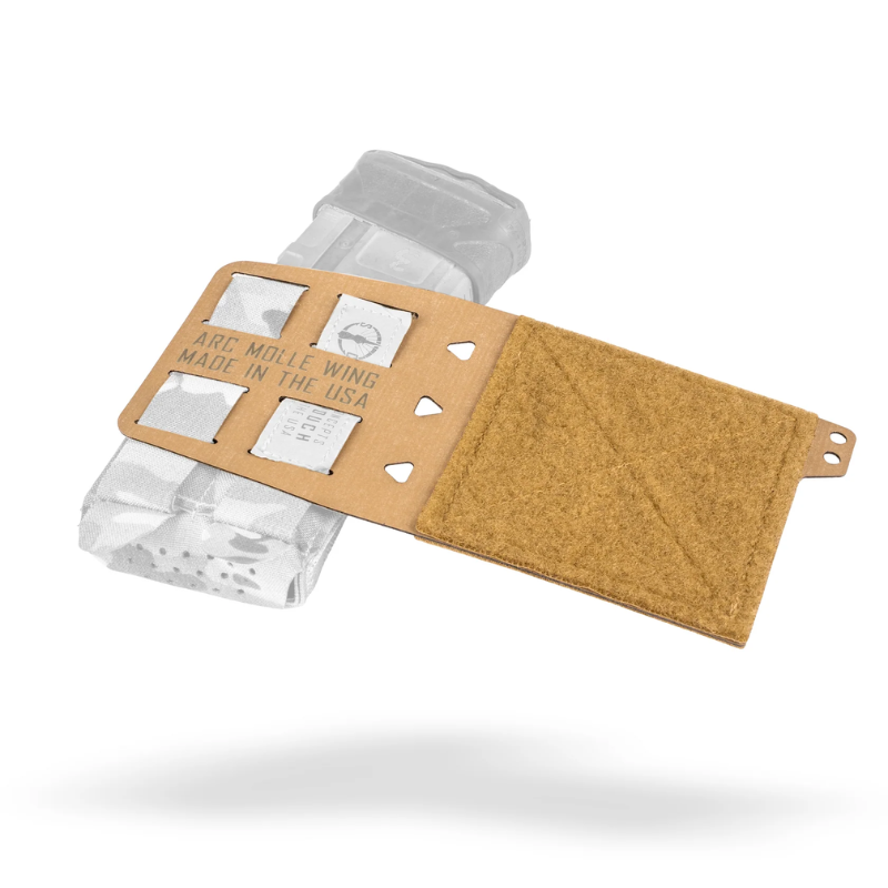 A coyote brown fabric MOLLE flap with a greyed out magazine pouch attachment, shown floating on a white background with a soft shadow.