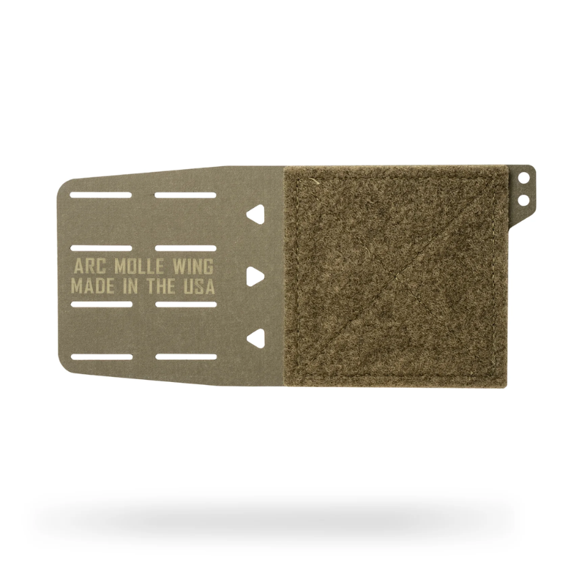 A ranger green tactical plate carrier wing with a textured hook-and-loop backing, featuring pre-drilled slots and the text 'ARC MOLLE WING MADE IN THE USA' on the left side.