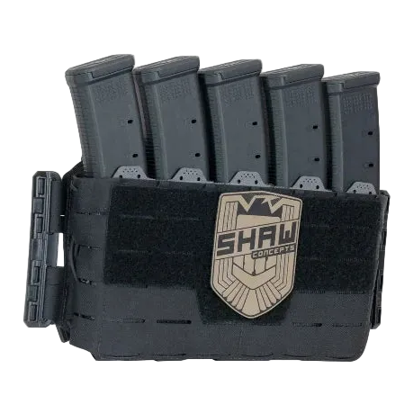 Shaw Concepts ARC Placard V4 in Black configured with multiple magazine types, expandable modular plate carrier placard with shock cord retention, scalable front panel design, PALS webbing attachment, and hook backing for adaptable tactical loadouts and professional duty gear setups made in the USA
