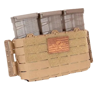 Shaw Concepts ARC Placard V4 in Coyote configured to hold multiple magazine types, expandable modular plate carrier front panel with shock cord adjustment, loop lined interior, and PALS webbing for scalable load bearing setups, adaptable chest rigs, and professional tactical gear builds made in the USA