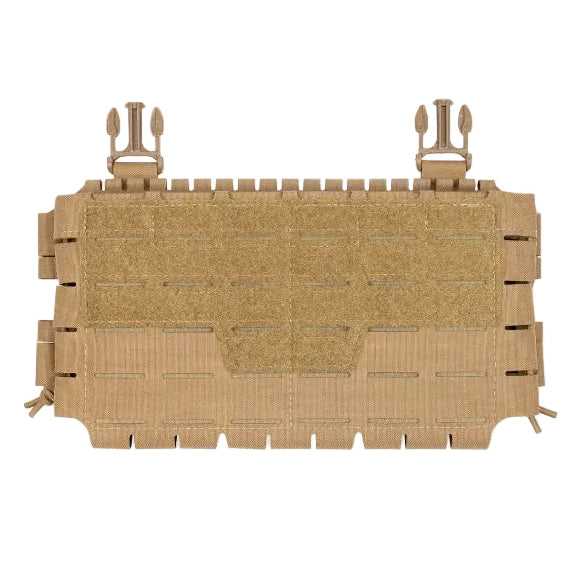 Shaw Concepts ARC Placard V4 in Coyote expandable chest rig front panel for plate carriers, modular mag carrier platform holding up to six 5.56 magazines or three 308 mags, shock cord adjustable retention system with PALS webbing for scalable tactical loadouts and professional duty gear made in the USA