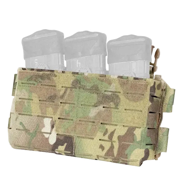 Shaw Concepts ARC Placard V4 in Multicam configured to carry multiple magazine types, expandable modular plate carrier placard with shock cord retention system, loop lined insert compatibility, and full PALS webbing coverage for scalable combat loadouts and mission adaptable chest rig builds made in the USA