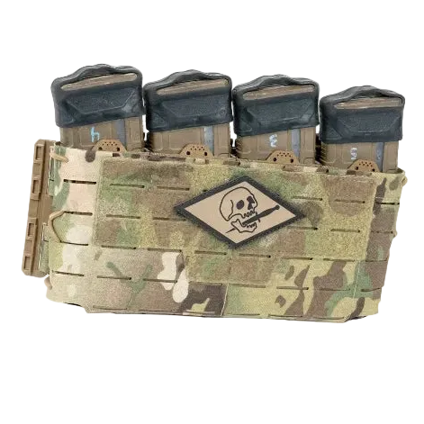 Shaw Concepts ARC Placard V4 in Multicam displayed with different magazine configurations, expandable plate carrier placard featuring adjustable shock cord retention, hook backed mounting panel, and PALS webbing grid for mission configurable tactical loadouts and professional chest rig setups made in the USA