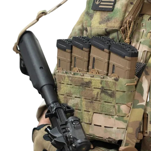 Shaw Concepts ARC Placard V4 worn on plate carrier during tactical movement, expandable modular placard with shock cord retention and PALS webbing designed for scalable magazine storage, adaptable chest rig integration, and professional military or law enforcement loadouts made in the USA