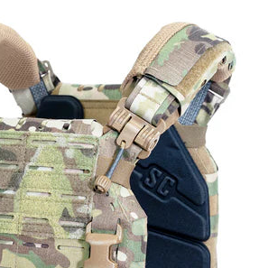 Close up of Shaw Concepts ARC Shoulder Pads V2 installed on tactical plate carrier, padded load bearing shoulder pad upgrade with 3/8 inch closed cell foam and spacer mesh built for heavy combat gear, military loadouts, and law enforcement duty setups made in the USA