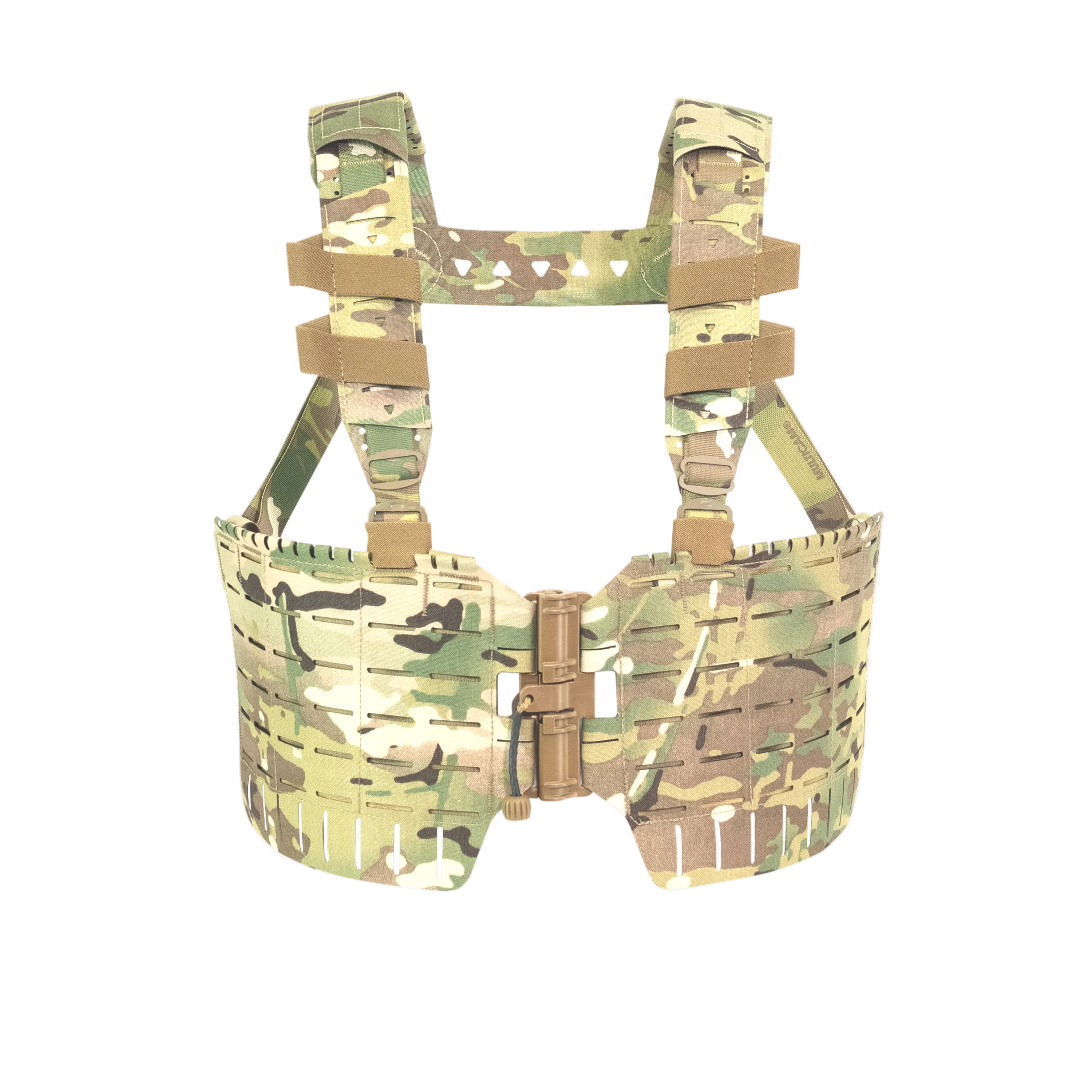 Front view of the Shaw Concepts ARC Split Rig Kit in Multicam configured with ARC MOLLE Placards and a split-front modular chest rig layout.